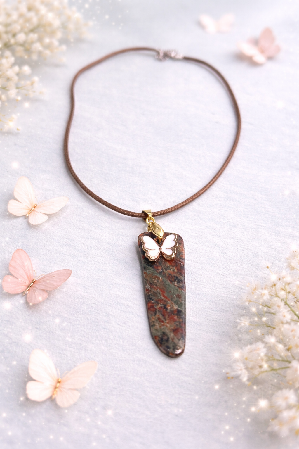 Unakite Slab Butterfly Charm Necklace